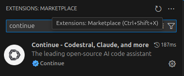Capture d'ecran montrant l'installation de l'extension Continue dans le panneau Extensions de VS Code